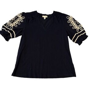 Lipsy Love & Roses Embroidered Puff Sleeve Top Women's 6 Navy Blue Boho Romantic
